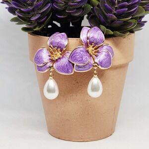 Purple Enamel Flower Drop Earrings Gold Tone Faux Pearl Teardrop Floral Dangle